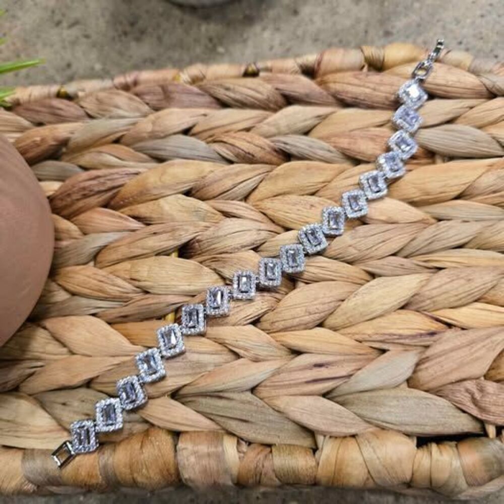 Silver tone 7.5" Emerald Cut Halo Tennis Bracelet